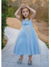 Sky Blue Satin Tulle Tea Length Sweet Flower Girl Dress